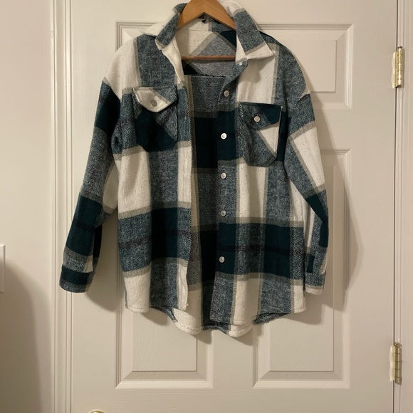 Plaid Button-Up Jacket in Green and White - Picture 1 of 3
